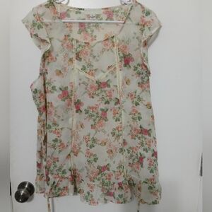 Forever 21 + plus sheer floral chiffon blouse w ruffles Tie Back & Embroidery 1X